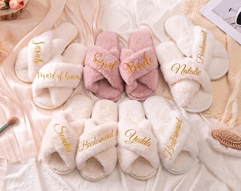 Personalized Fluffy Slippers, Custom Bridal Party Gifts