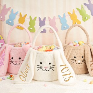 Embroidered Easter Bunny Basket,Personalized Plush Easter Basket,Custom Easter Bag With Name,Easter Egg Hunt Basket,Kids Easter Gift