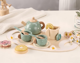 Personalized Wooden Tea Set for Toddlers, Montessori Pretend Play Toy, Kids Tea Party Set, Custom Name Engraved Gift for Girls Boys