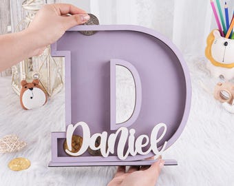 Personalized Wooden Piggy Bank: Custom Letter, Kids Decor