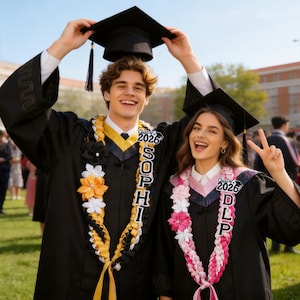 May include: Two graduates in black graduation gowns and caps, smiling and celebrating. One holds a cap above the other. Both wear leis with the year "2026" and names. The background shows a sunny day and other graduates.
