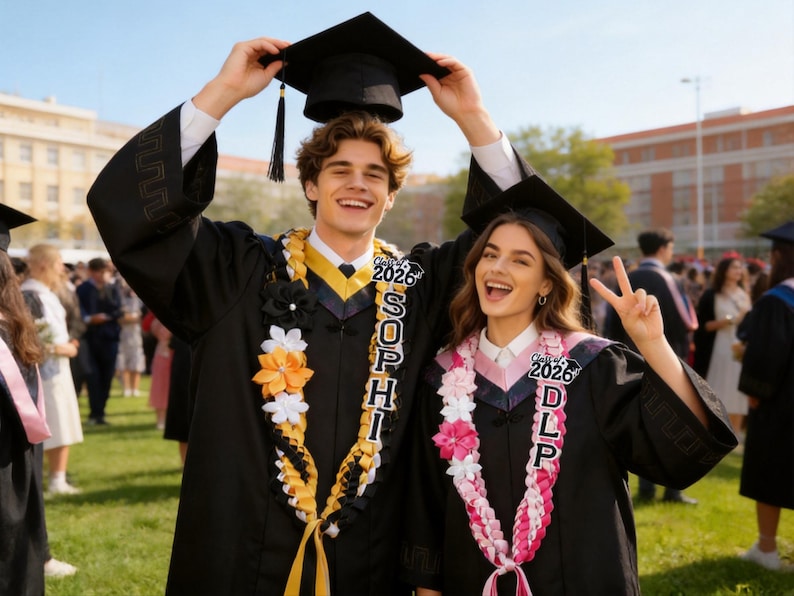 May include: Two graduates in black graduation gowns and caps, smiling and celebrating. One holds a cap above the other. Both wear leis with the year "2026" and names. The background shows a sunny day and other graduates.