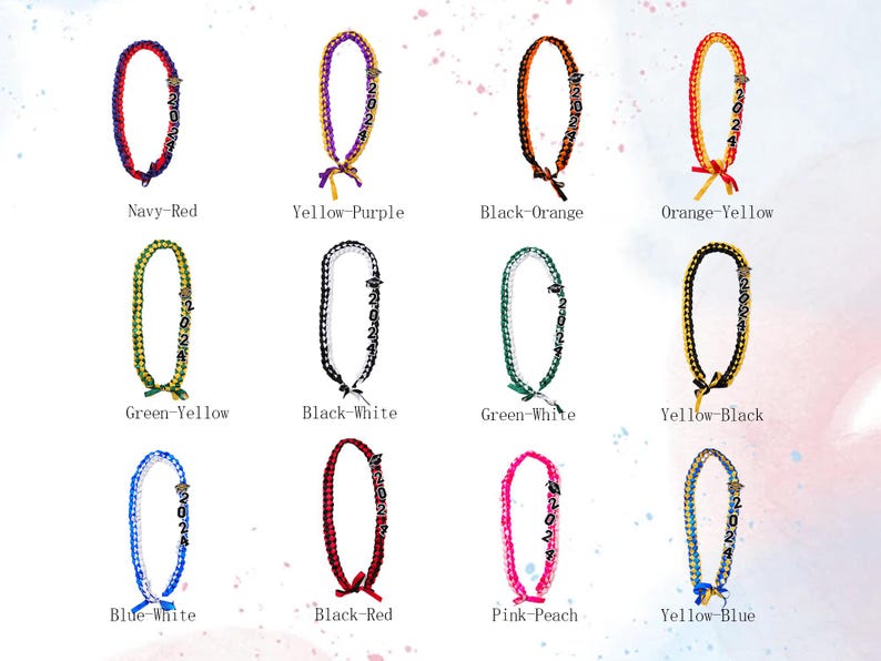 May include: A collection of graduation leis in various color combinations, including navy and red, yellow and purple, and black and orange. Each lei features the year "2024" and a decorative bow.