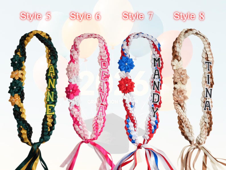 May include: Four graduation leis in various styles. Each lei is braided with colorful ribbons and adorned with decorative flowers and personalized name tags. Styles include green, pink, red, and brown.