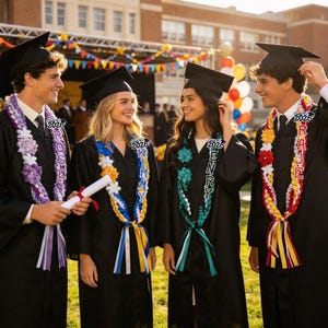 May include: Four graduates in black gowns and mortarboards stand together, each wearing a colorful lei. The leis are in shades of purple, yellow, green, and red. Each lei has a name tag with the year 2026.