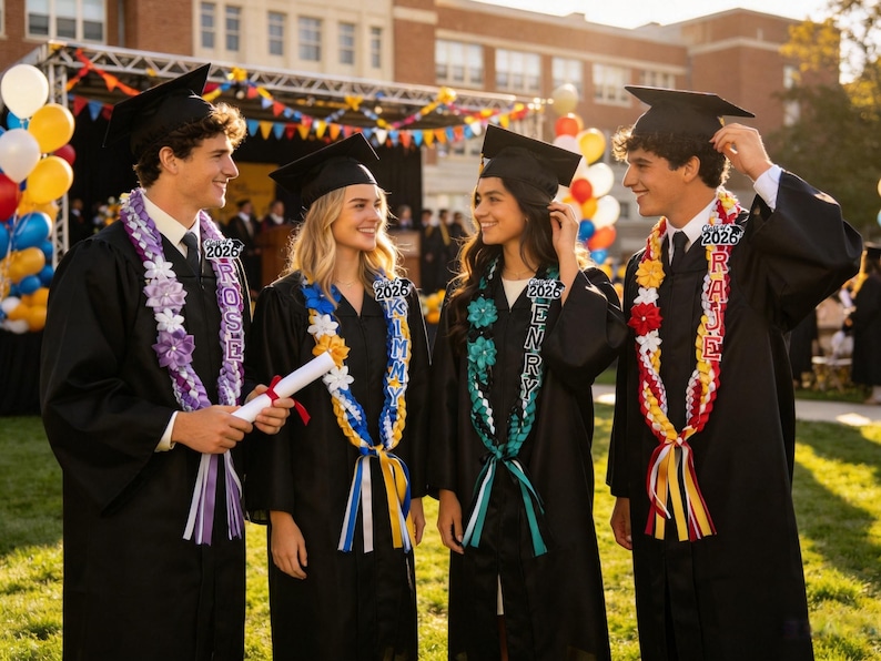 May include: Four graduates in black gowns and mortarboards stand together, each wearing a colorful lei. The leis are in shades of purple, yellow, green, and red. Each lei has a name tag with the year 2026.