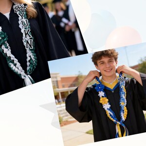 May include: Two graduation leis, one green and white, the other blue and yellow, are displayed. The leis are braided and adorned with flowers and personalized name tags. The year "2026" is visible on the tags.