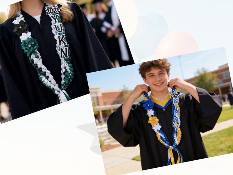 May include: Two graduation leis, one green and white, the other blue and yellow, are displayed. The leis are braided and adorned with flowers and personalized name tags. The year "2026" is visible on the tags.