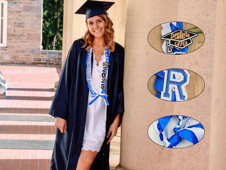 May include: A person wearing a graduation cap and gown, with a blue and white graduation lei. The lei has the year 2025 on it. Additional graduation-themed items are shown in oval frames.