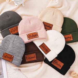 Personalized Knit Beanie with Leather Name Patch - Custom Winter Hat