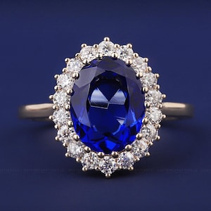 2.50CT Oval Blue Sapphire Diamond Halo Ring, Yellow Gold Engagement Ring, Vintage Style Bridal Ring, Statement Anniversary Gift Ring for Her