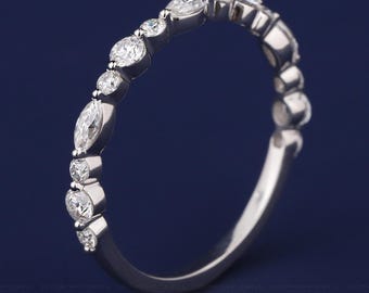 Marquise & Round Alternate Stacking Solid 14K White Gold Wedding Matching Band, Half Eternity band Bubble Prong Set Ring, Anniversary Gift
