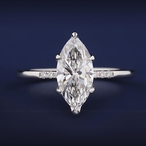 1.50CT Marquise Cut Lab Grown Diamond Engagement Ring, IGI Certified Hidden Halo Solitaire Ring, 14K White Gold V Prong Diamond Ring for her