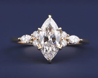 Marquise Diamond Engagement Ring Genuine Lab Grown Diamond Anniversary Ring Unique Proposal Ring for Her Six Claw Prong Setting Ring Gift