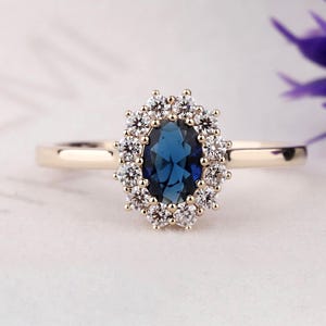 0.50CT Oval Blue Lab Sapphire Halo Ring 14K Gold Princess Diana Engagement Ring September Birthstone Vintage Style Anniversary Gift for Her