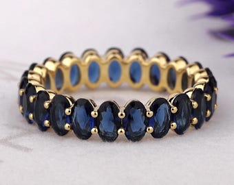 Oval Blue Sapphire Eternity Band, 14K Gold Full Eternity Wedding Ring, Unique Gemstone Stacking Band, Anniversary Bridal Ring for Her