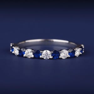 Sapphire and Lab Diamond Stacking Ring, 14K White Gold Everyday Band for Women, September Birthstone Ring, Dainty Blue Sapphire Wedding Band