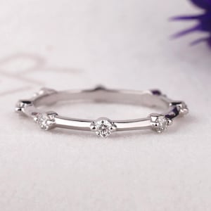 14K White Gold Diamond Station Ring, Minimalist Stacking Band, Dainty Full Eternity Wedding Band, Delicate Bridal Anniversary Gift for Her