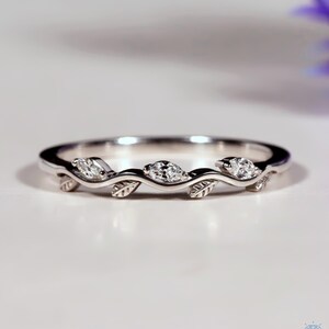 Unique Lab Grown Diamond Stacking Ring Wedding Band Solid Gold Diamond Curved Marquise and Leaf Ring Personalized Ring, Nature Inspired Ring
