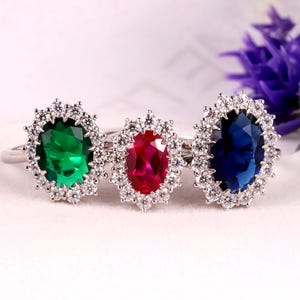 Birthstone Gemstone Anniversary Ring, Ruby, Sapphire, Emerald Oval Halo Lab Diamond Ring, Princess Diana Replica Every day wear ring