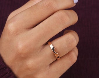 14K Gold Cigar Wedding Band, 3mm Unique Wide Cut Out Ring, Flat Contour Nesting Ring, Unique Gold Band for Her Minimalist Stacking Gift Ring