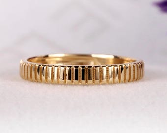 14K Yellow Gold Ribbed Wedding Band – 3MM Textured Solid Gold Stackable Ring