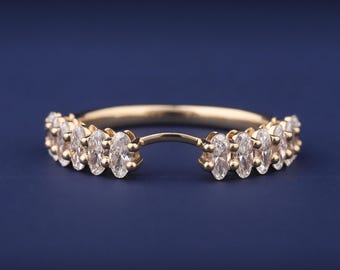 Customized Notched wedding Band, 4x2 Oval Cut Lab Diamond Half Eternity 14k Gold Wedding Band, Matching Band, Stackable Band, Gift For Her