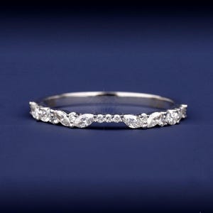 Marquise and Round Lab Diamond Notched Wedding Band Matching Stackable Lab Grown Diamond Anniversary Band 10K/14K White Gold Gift For Her