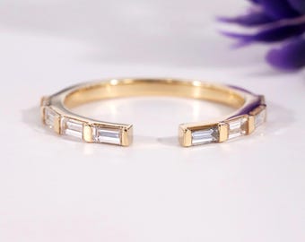 Open Wedding Band, Baguette Cut Cuff Wedding Bands Women, Lab Grown Diamond Space Wedding Band Open Spacer Ring, Open Yellow Gold Ring