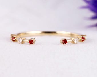 14K Gold Open Red Ruby Diamond Band: Round Colorless Lab Grown Diamond Half Eternity Ring
