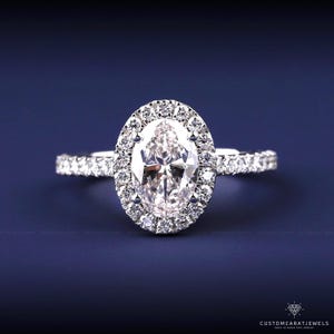 Oval Lab Grown Diamond Halo Engagement Ring in 14K White Gold Pave Band, Cathedral Setting