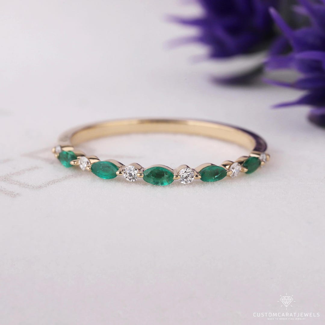 Marquise Emerald Diamond Wedding Band, 14K Yellow Gold Vintage Stacking ...