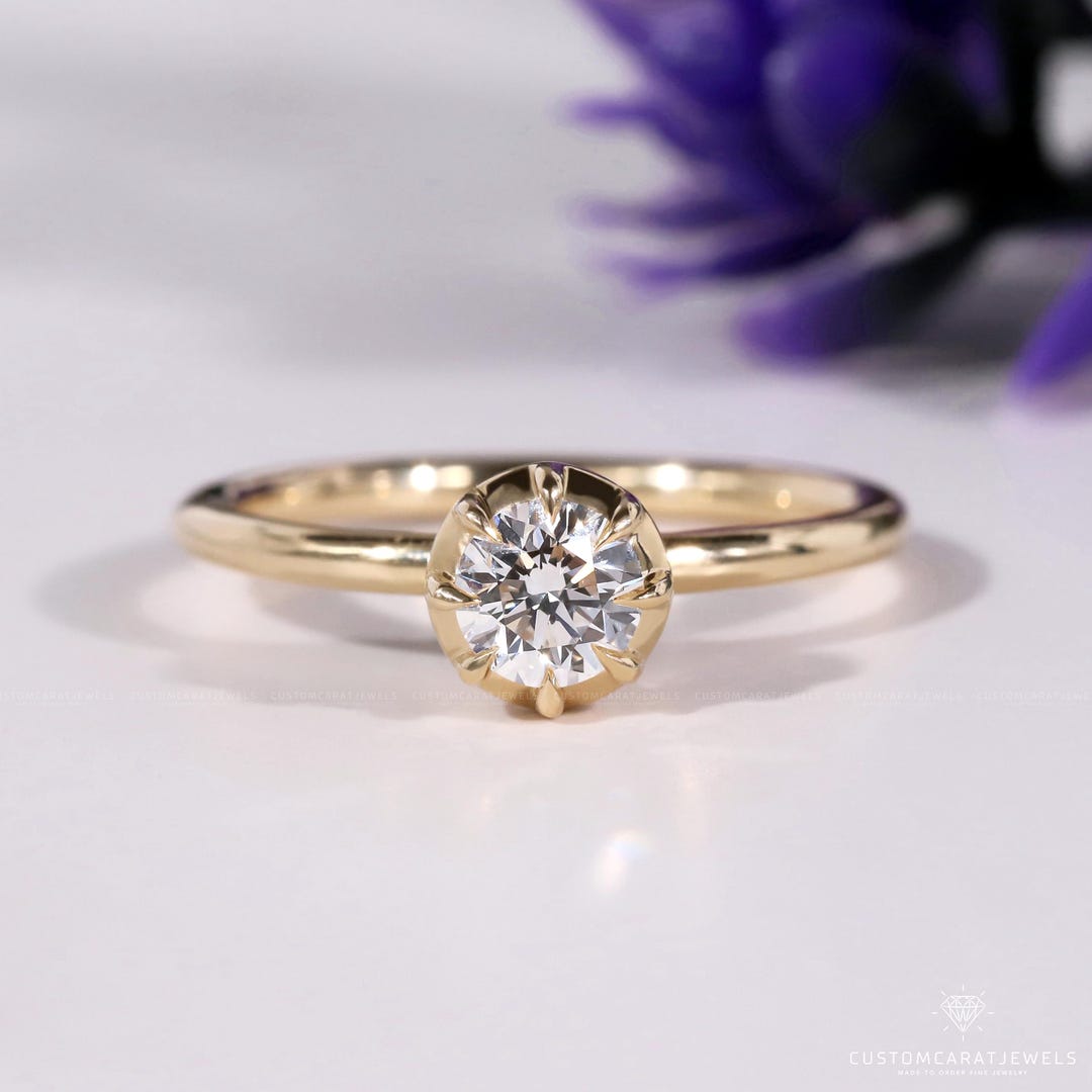 Georgian Cut Down Button Back Set Lab Grown Round Cut Engagement Ring ...