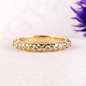 14K Yellow Gold Vintage Milgrain Diamond Band, Antique Style Half Eternity Wedding Ring, Stacking Bridal Anniversary Band