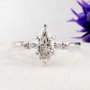Marquise Cut Lab Grown Diamond Engagement Ring, Three Stone 14K Gold Wedding Ring, Vintage Marquise Diamond Ring, Anniversary Gift for Her