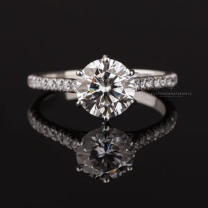 Exquisite round lab diamond ring, pave engagement or wedding band, E/VS1 clarity, stunning jewelry gift for her, ethical diamond, timeless proposal ring, sparkling bridal jewelry, luxury diamond ring, elegant Valentine’s gift, romantic fine jewelry.