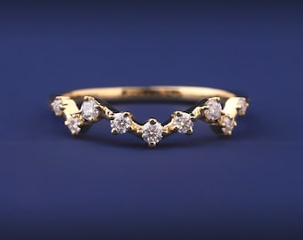 Curved Round Lab Grown Diamond Wedding Band, 14K Gold Half Eternity Stacking Ring, Bridal Anniversary Band, Gift for Her