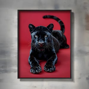 Póster Majestic Black Panther de Cartier en rojo y negro, impresión artística vintage de lujo, decoración estética minimalista para el hogar, decoración de pared con gatito pantera