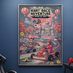 レトロ カート アーケード ポスター - 90 年代のビンテージ ビデオ ゲーム ウォール デコ - レーシング ゲーム デジタル ダウンロード プリント、ゲーム ルームの美しい装飾アート、