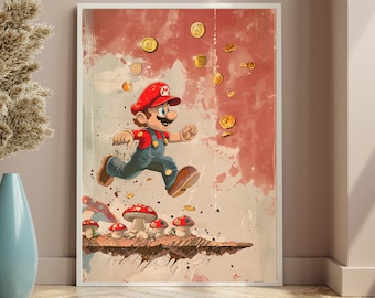 Mario Adventure Vertical Poster, Vintage Super Mario Gaming Poster, Gaming Room Decor Retro Gaming Wall Art, Kids Room Artwork