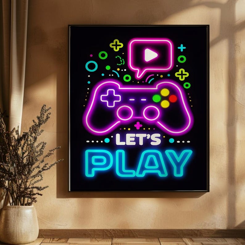 Retro Gaming Arcade Poster, Neon Game Controller Digital Print, Vintage ...