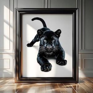 Affiche majestueuse de panthère noire en noir et blanc, impression d'art vintage de luxe, décoration d'intérieur esthétique minimaliste, décoration murale de chaton panthère