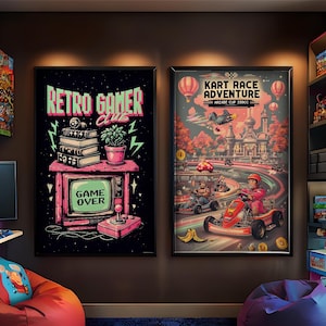 Set Of 2 Retro 90s Gaming Arcade Digital Wall Art, Vintage 80s 90s Game, Retro Karting Arcade Poster, Gaming Room Wall Decor