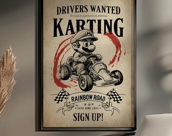 Retro Mario Racing Poster - Vintage Games Wall Art Racing Game Print - 90s Arcade Aesthetic Decor - Gaming Room Art