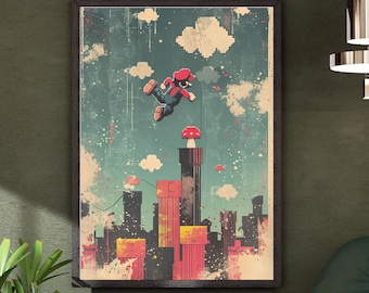 May include: A framed art print featuring a pixelated illustration of a character in a red hat and overalls, mid-jump above a cityscape. The artwork has a vintage aesthetic with a teal sky, white clouds, and red and yellow buildings. The print is in a dark wooden frame.