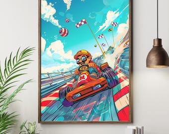 Vintage Mario Racing Poster, Retro Gaming Nintendo Wall Art, 90s Arcade Aesthetic Decor, Gaming Room Decor, Back To School Gift For Teenager