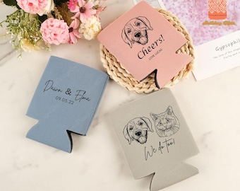 Custom Pet Wedding Can Coolers, Custom Dog Illustration, Cat Illustrations, Pet Favors, Wedding Beer Coolers, Beverage Holder, Can Insulator