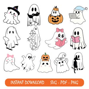 Cute Ghost Halloween svg Bundle, Retro Ghost png, Retro Floral Ghost png, Dog Ghost svg, Ghost Reading svg, Spooky Season, Halloween png