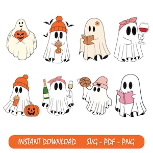 Cute Ghost Halloween svg Bundle, Retro Ghost png, Retro Floral Ghost png, Dog Ghost svg, Ghost Reading svg, Spooky Season, Halloween png