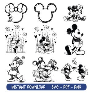 Puede incluir: Ilustraciones en blanco y negro de Mickey Mouse y Minnie Mouse en varias poses. Incluye contornos de la cabeza de Mickey y el lazo de Minnie. El texto "INSTANT DOWNLOAD SVG - PDF - PNG" está en la parte inferior.